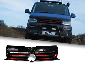Gloss Black Badged Grille w/ Red Trim Inserts - VW T5.1