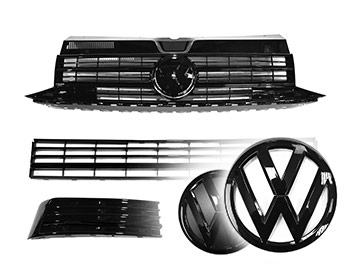 VW T6 Gloss Black Grilles w/ Lower Black Trim + F/R Badge