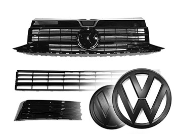 VW T6 Gloss Black Grilles w/ Lower Black Trim + F/R Badge