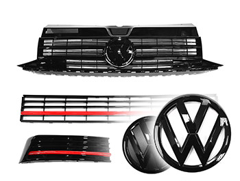 VW T6 Gloss Black Grilles w/ Lower Gloss Red Trim + F/R Badge