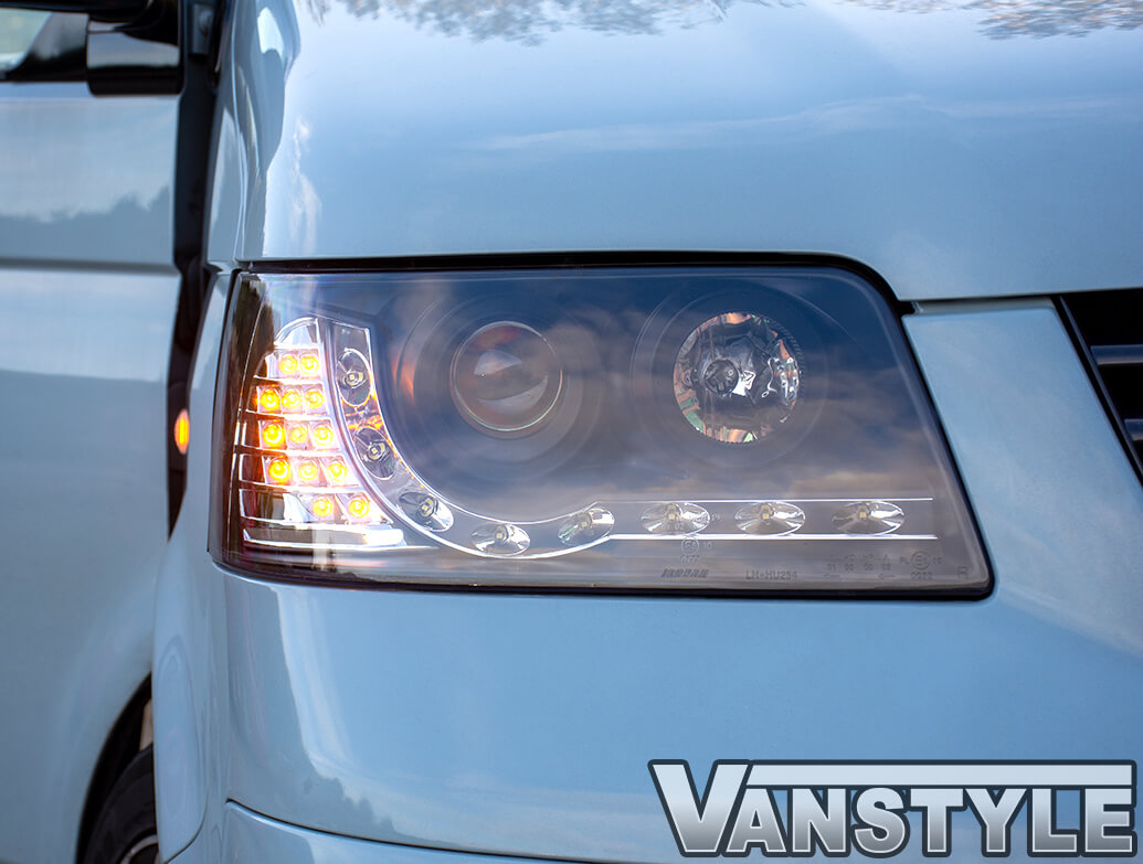Headlights Set, Black With Audi Style LED, VW T5 2003>09