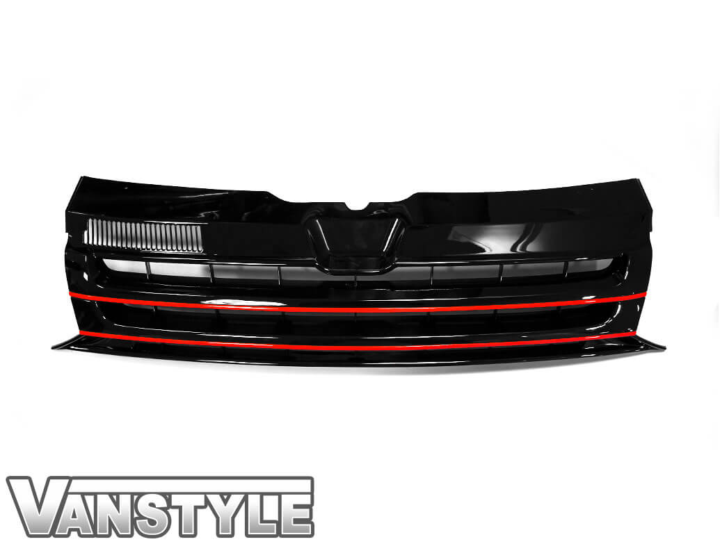 Gloss Black Badgeless Grille w/ Red Trim Inserts - VW T5.1